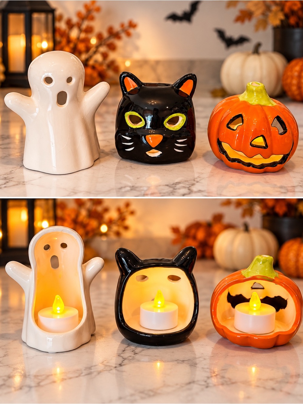 Halloween Ceramic Tealight Holders Trio - Ghost, Black Cat, Orange Pumpkin NWT